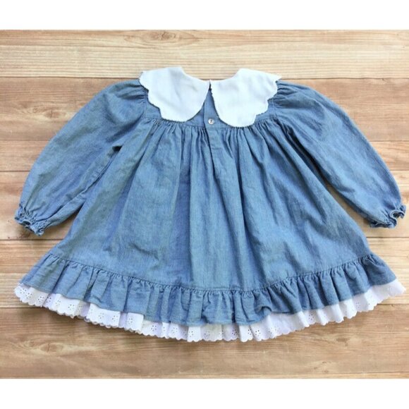 Nursery Rhyme Full Circle Dress Girls 4T Wide Collar Blue Chambray Cottage 1990s - Picture 9 of 10